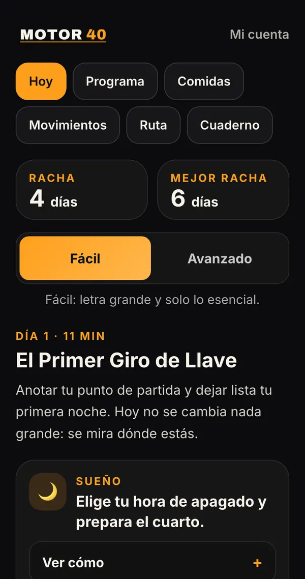 Pantalla «Hoy» de la app de Motor 40: racha de días y el paso del día