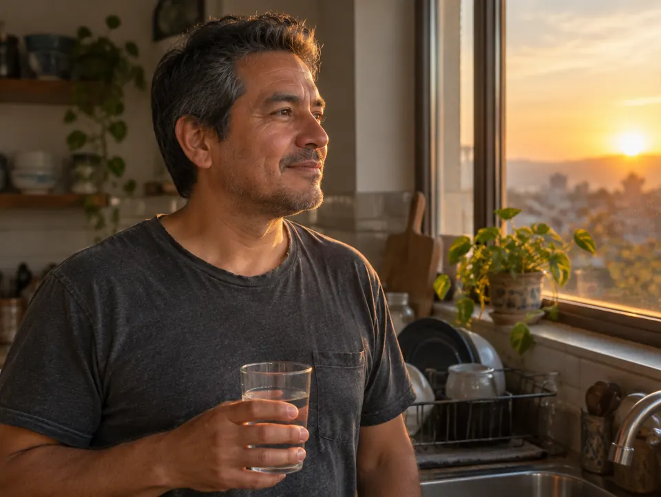 Una persona junto a la ventana de la cocina al amanecer, con un vaso de agua