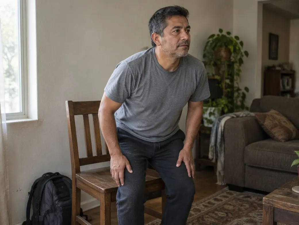 Un adulto se sienta y se para de una silla en su sala, en una versión sencilla del movimiento