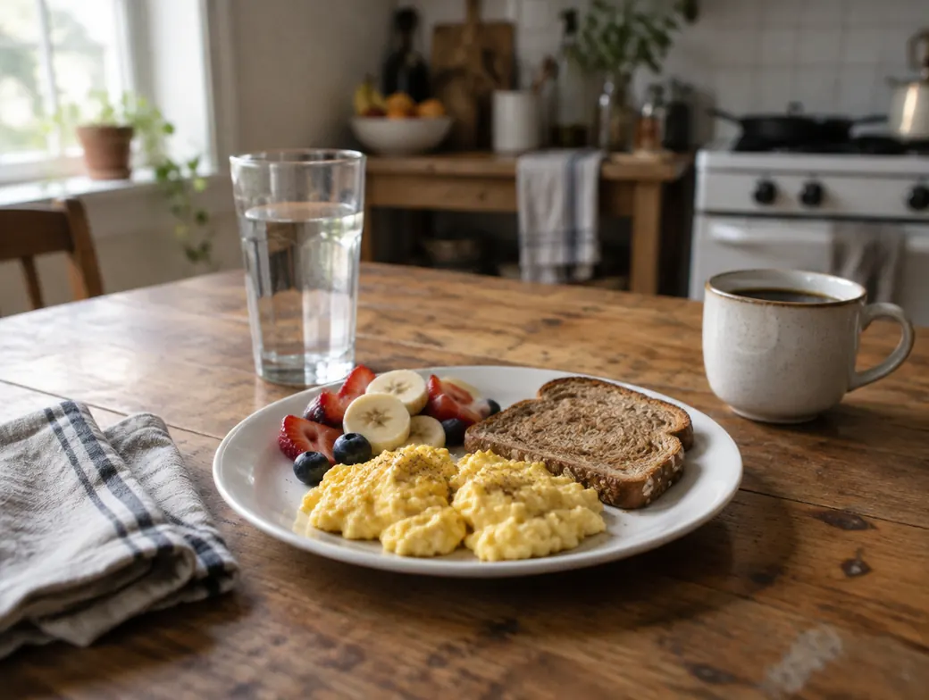 Desayuno sencillo sobre la mesa: huevos, fruta y un vaso de agua